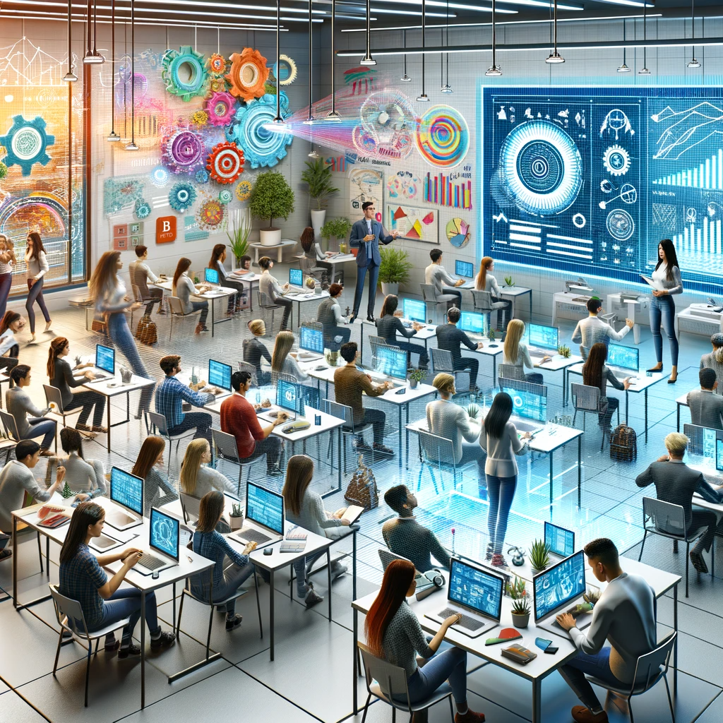 A vibrant classroom scene depicting diverse students of different ages, genders, and descents actively engaged in innovative economics education. The room is equipped with advanced technology like digital whiteboards, interactive displays, and VR headsets. Walls are adorned with educational posters and graphs.