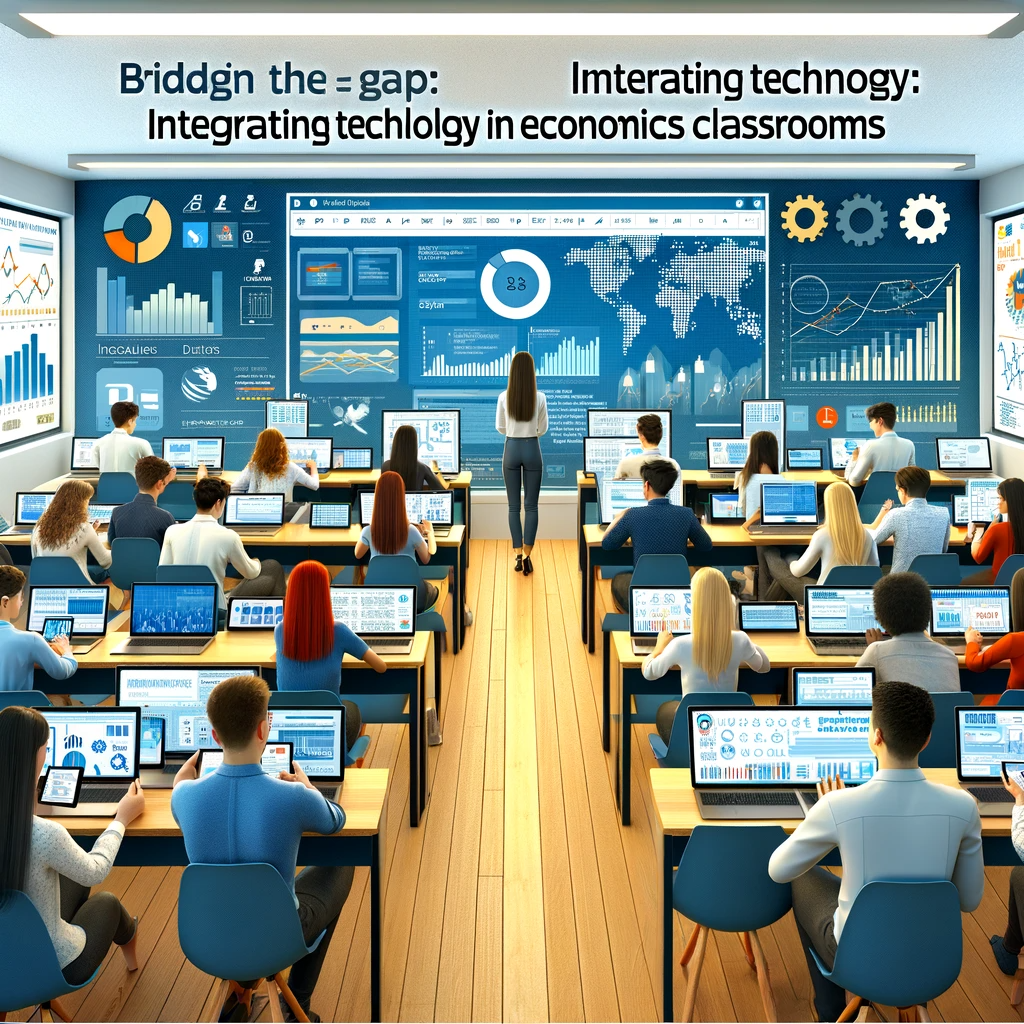  A contemporary classroom setting showcasing students of diverse descents and genders engaging with economics through various technological tools. The room is equipped with tablets, laptops, and interactive smartboards, surrounded by infographics and digital screens displaying economic data.