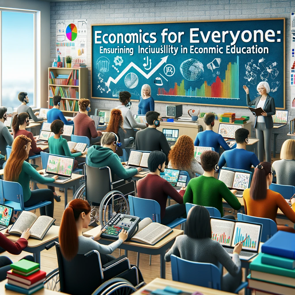  An inclusive classroom setting with students of diverse descents, genders, and abilities, including those with disabilities, engaged in an economics lesson. The room is equipped with accessible resources like braille books, hearing aids, and large print materials, alongside traditional and digital learning tools.