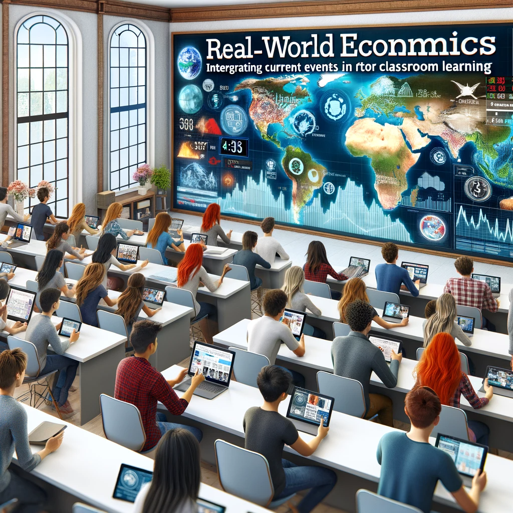 A vibrant classroom with students of diverse descents and genders engaging with digital tablets and interactive displays, showcasing current economic news and global market trends. A prominent screen displays a live news feed on recent economic events, merging traditional and modern educational tools.