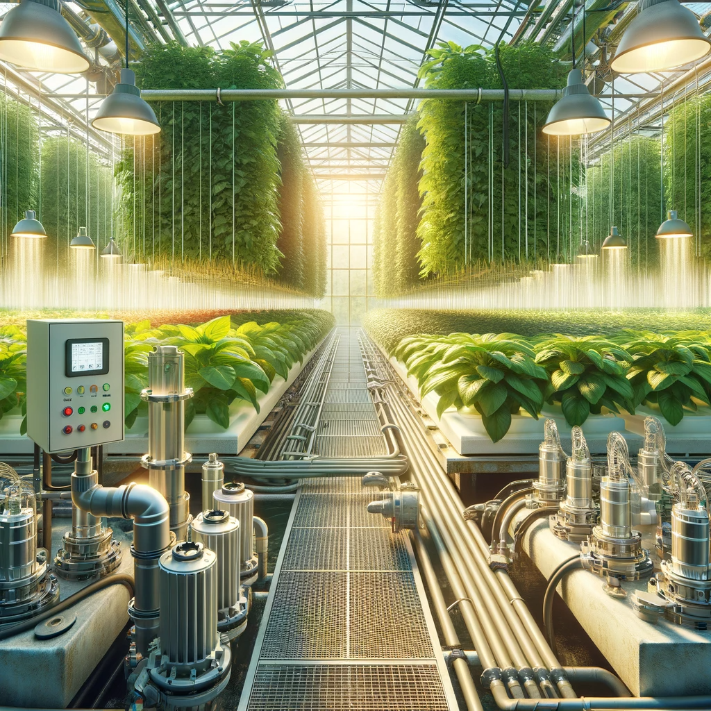 High-tech greenhouse with Homa A Series pumps for precision irrigation, surrounded by lush plants.