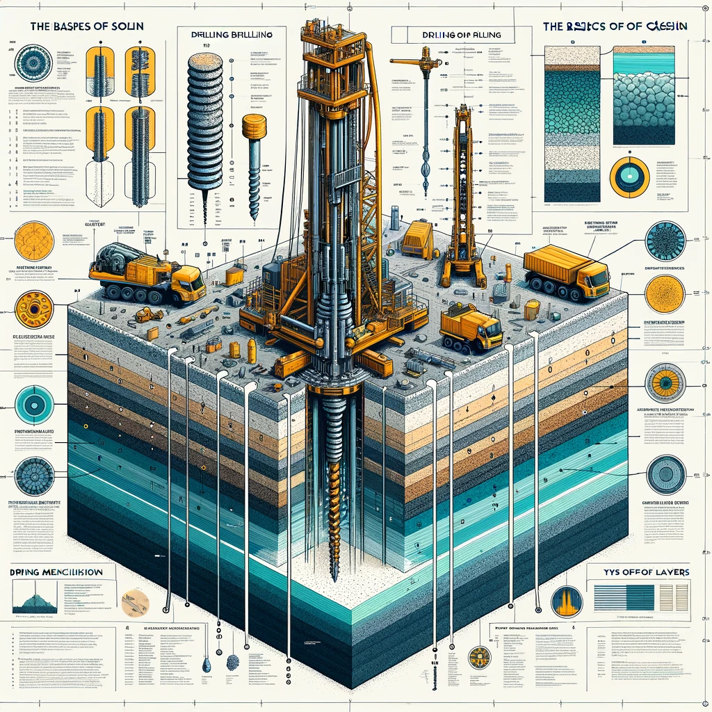 Detailed schematic showing the basics of caisson drilling, including the drilling rig, types of caissons, and ground layers.