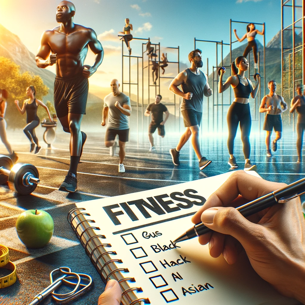 A motivational scene with a notebook and pen in the foreground, detailing fitness goals. In the background, diverse individuals are engaged in various fitness activities like running, weightlifting, and yoga in a bright setting.