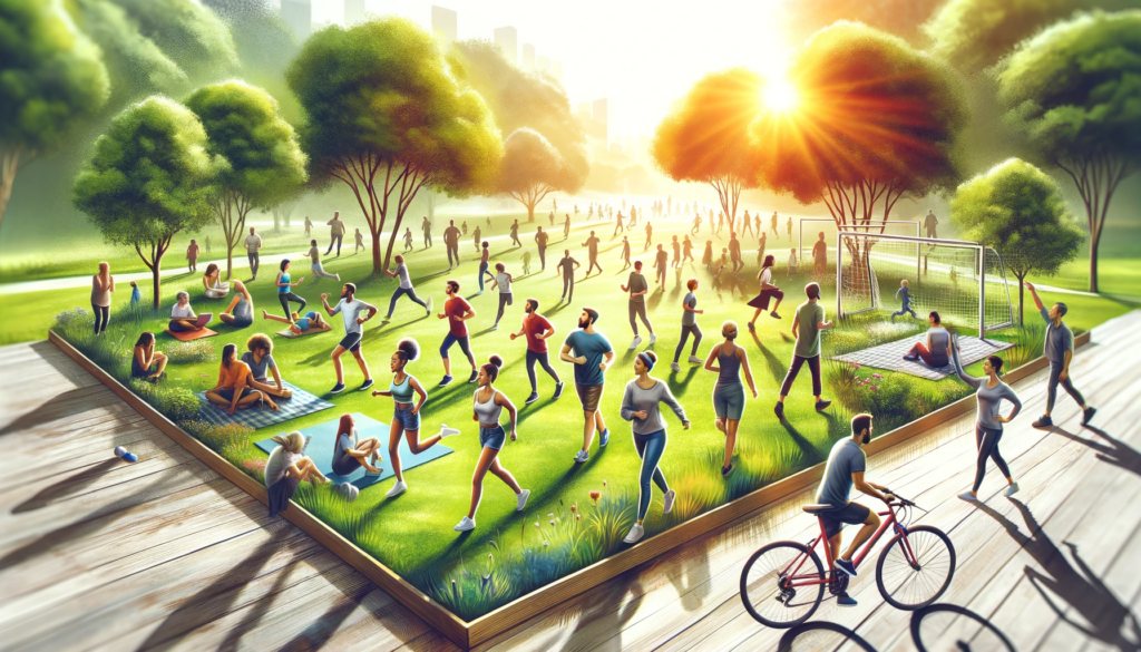 A vibrant park scene with a diverse group of people engaging in various activities like jogging, yoga, cycling, and playing soccer, surrounded by greenery under a sunny sky.