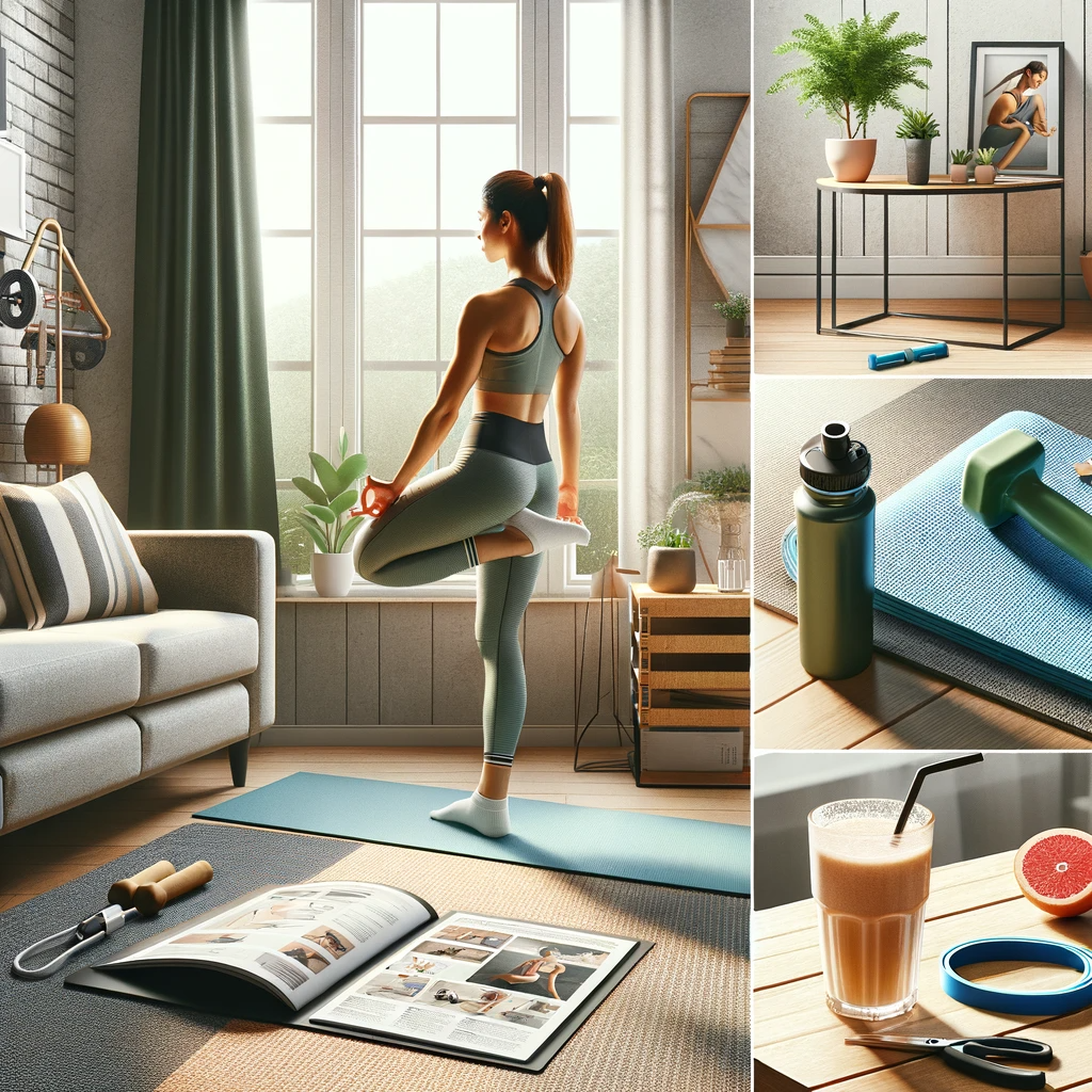 A collage of a home workout setup including a person practicing yoga, fitness equipment, and a healthy drink.