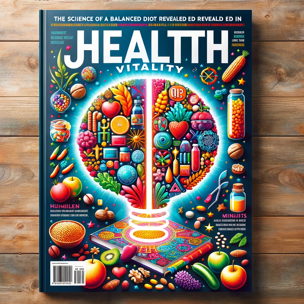"Magazine cover titled 'Unlocking Vitality: The Science of a Balanced Diet Revealed in Health Journal' featuring images of healthy foods and nutritional symbols."
