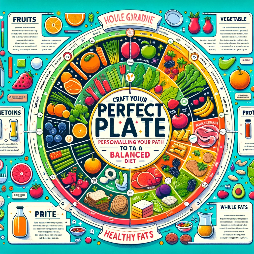 "Infographic on 'Craft Your Perfect Plate' showing how to personalize a balanced diet with sections for fruits, vegetables, proteins, whole grains, and healthy fats."