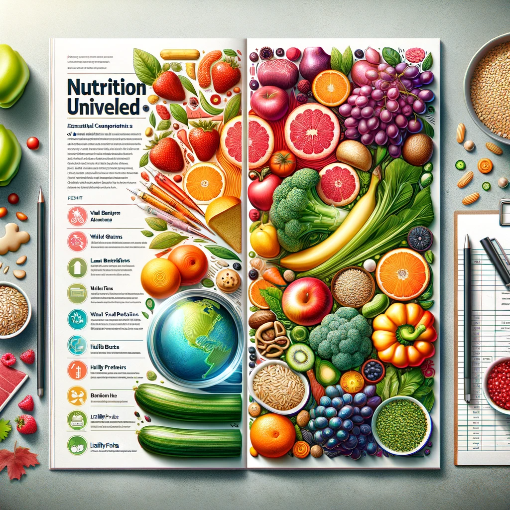 "Cover image showcasing the essential components of a balanced diet, including fruits, vegetables, grains, proteins, fats, and water."